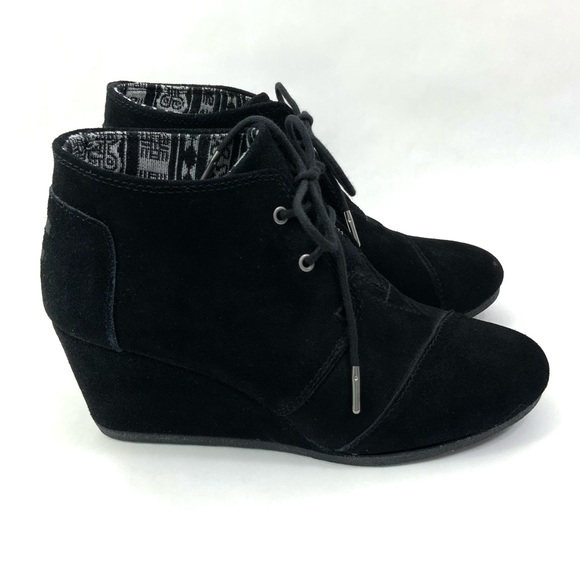 TOMS Kala Wedge Booties Black Suede Leather Boots Ankle Booties Size 9 - Picture 8 of 9